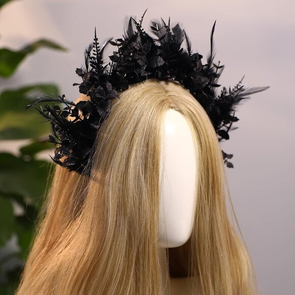 Black Flower Halo Crown - Handmade Gothic Floral Headband with Feather for Women - Picture 3 of 7